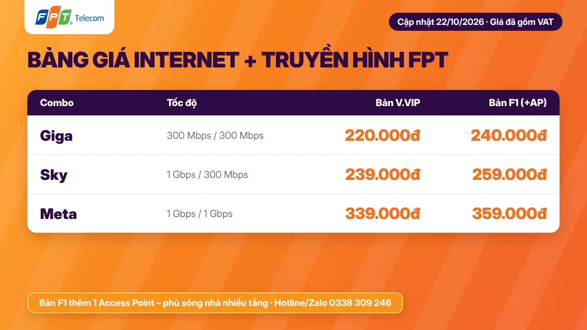 Bảng giá đăng ký Internet và truyền hình FPT tại Vũng Tàu cập nhật 22/10/2026
