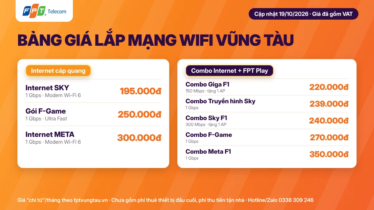 Bảng giá lắp mạng wifi FPT Vũng Tàu cập nhật ngày 19/10/2026